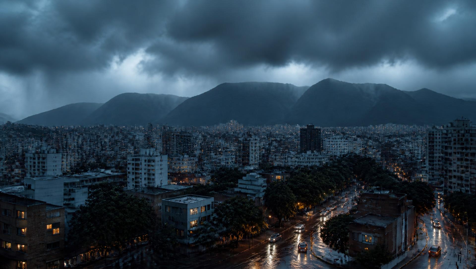 Vista de Belo Horizonte em um dia de chuva intensa, com a serra ao fundo